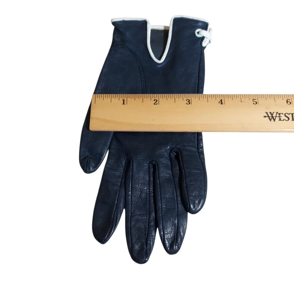 Vintage 50s 60s Navy Blue Leather Driving Gloves White Trim Mod Chic